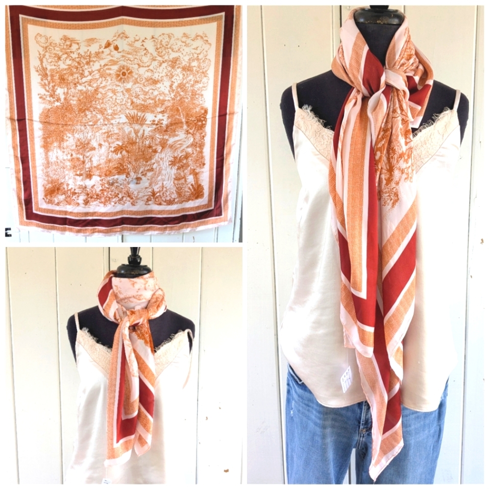 Steve Dann Elegant Silky Peach and Rust Toile Oversized Scarf